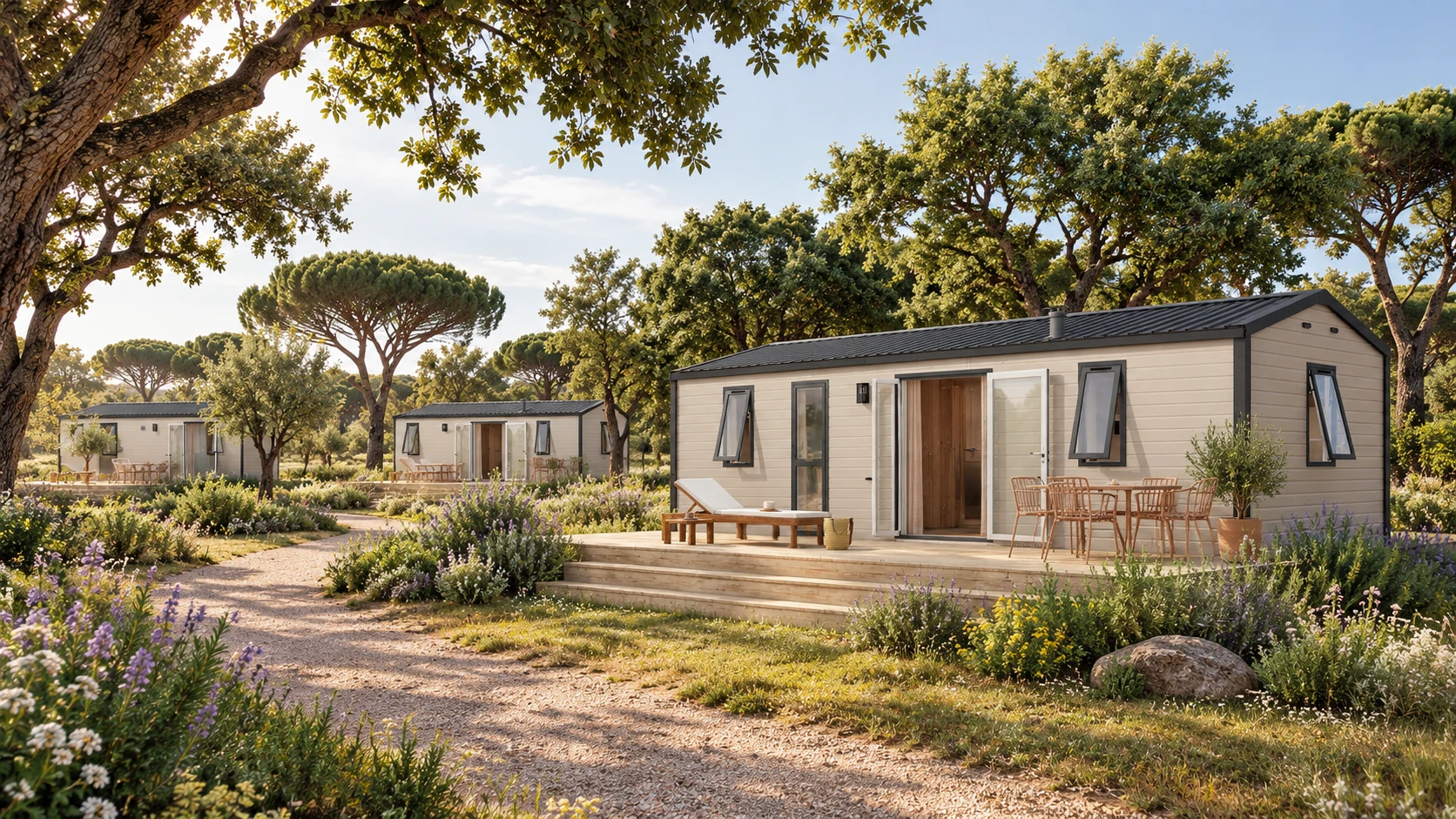 Visualização conceptual da Moonglade com mobile homes de revestimento claro, telhados inclinados e terraços entre as árvores